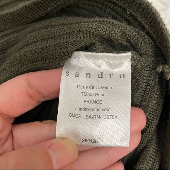 SANDRO Olive Green Ribbed Knit Lambskin Leather Sleeve Pullover Sweater sz 3 - Picture 9 of 10